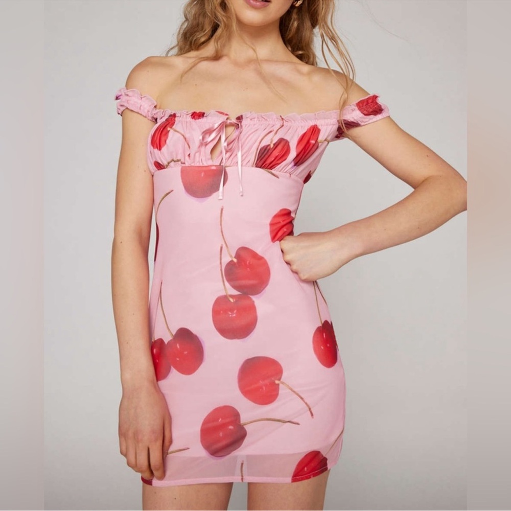 Pink Cherry Print Off-Shoulder Dress